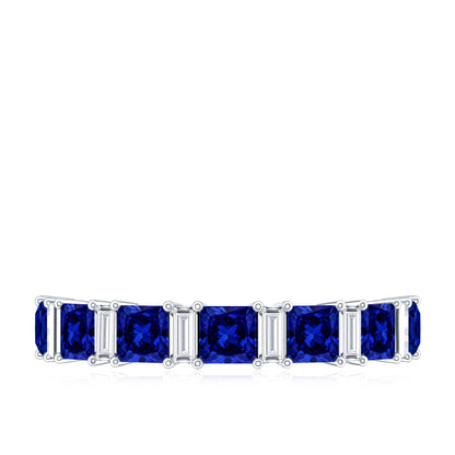 Princess Cut Lab Grown Blue Sapphire Half Eternity Ring with Diamond