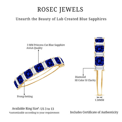 Princess Cut Lab Grown Blue Sapphire Half Eternity Ring with Diamond