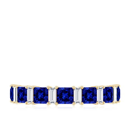 Princess Cut Lab Grown Blue Sapphire Half Eternity Ring with Diamond