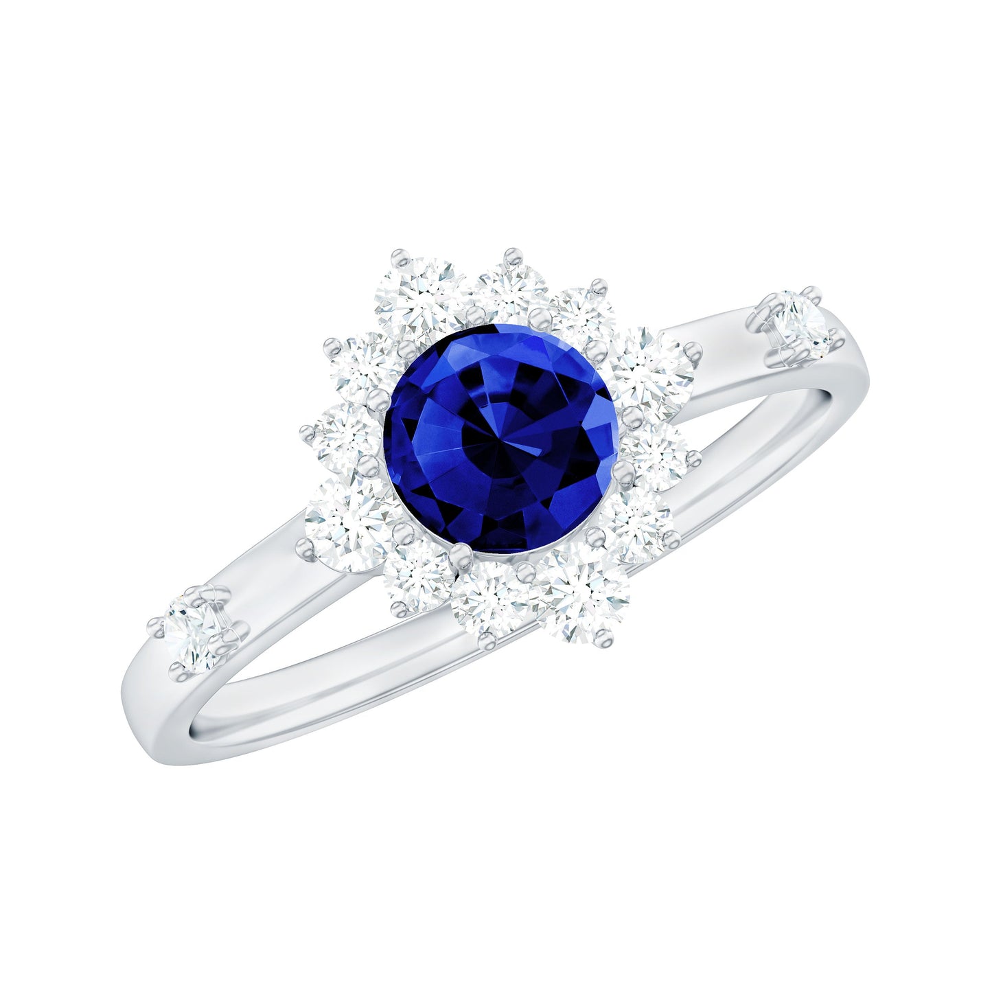 0.6 Carat Round Lab Created Blue Sapphire Classic Halo Ring with Diamond