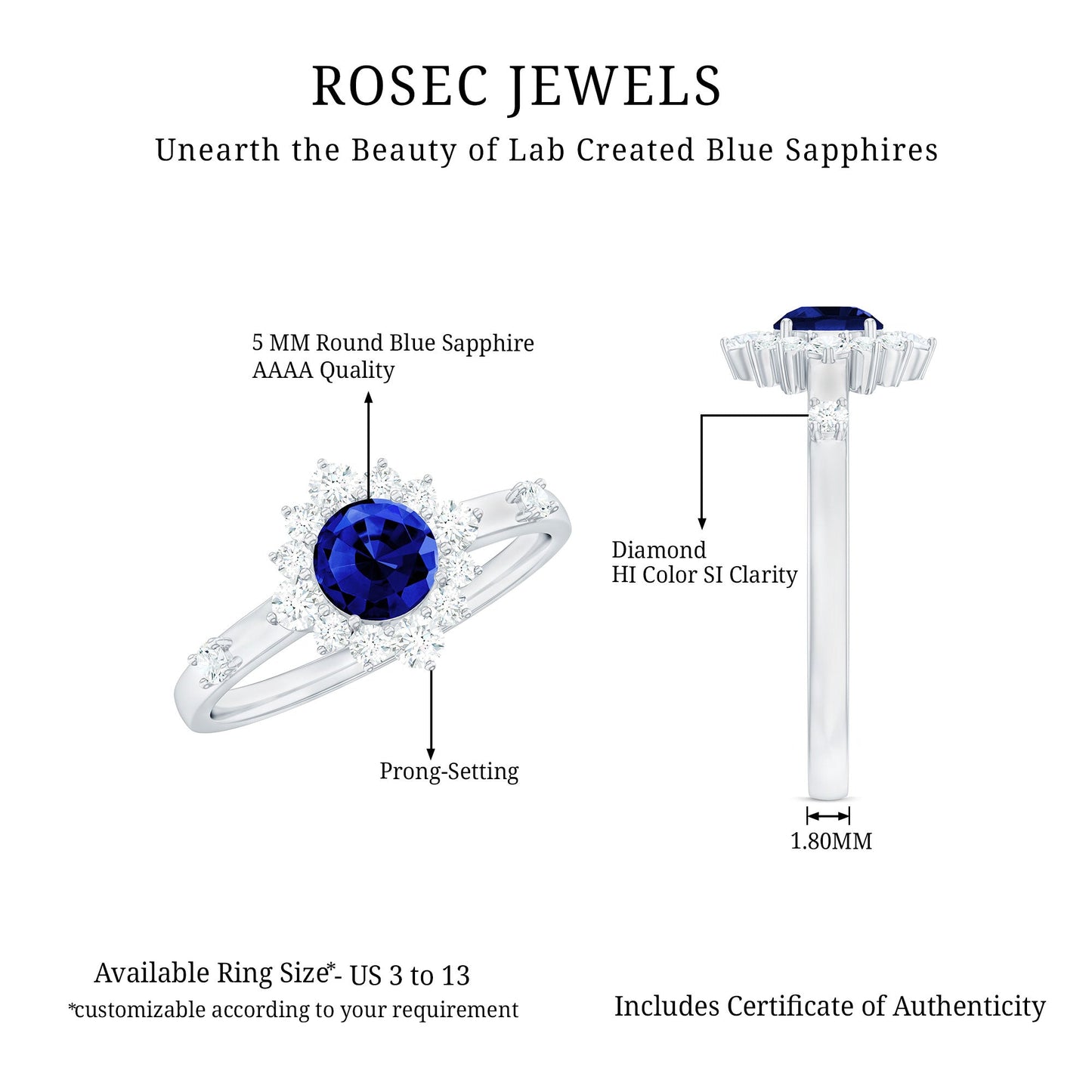 0.6 Carat Round Lab Created Blue Sapphire Classic Halo Ring with Diamond
