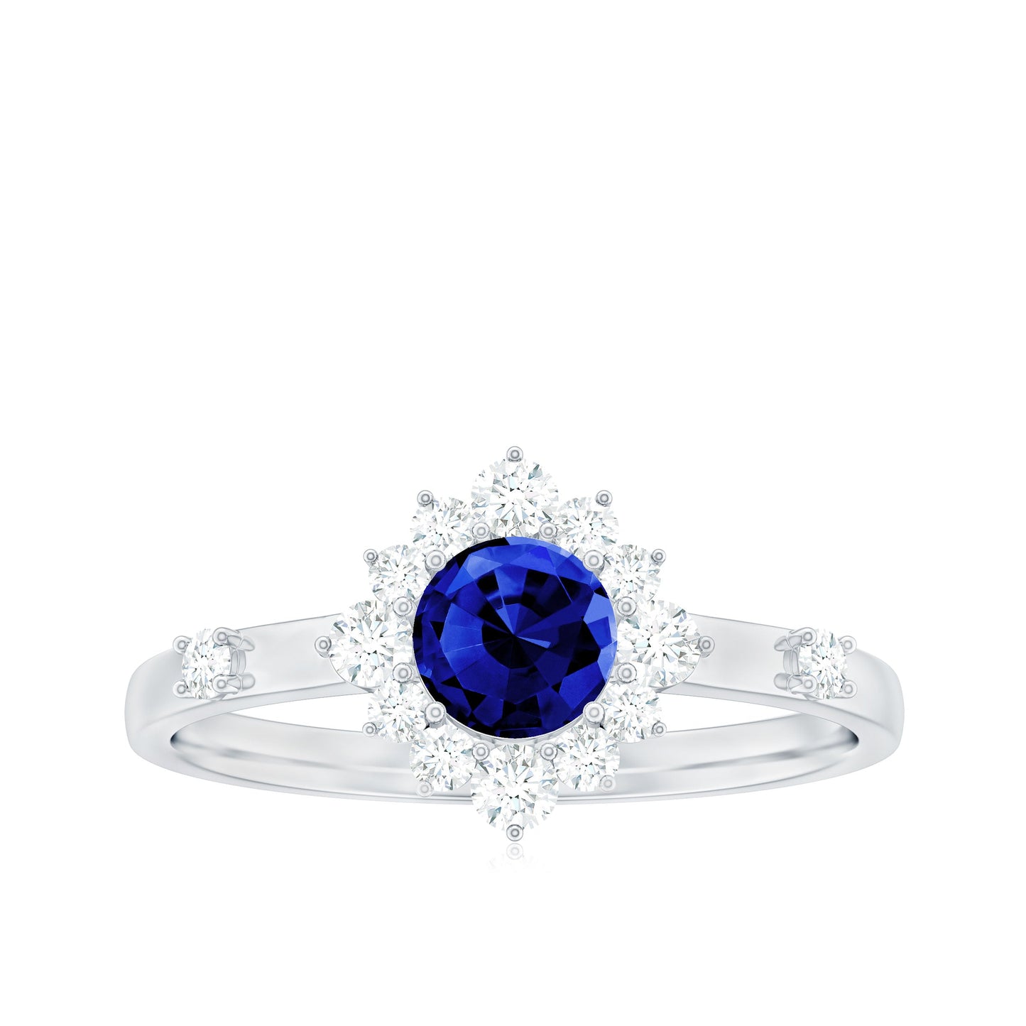 0.6 Carat Round Lab Created Blue Sapphire Classic Halo Ring with Diamond