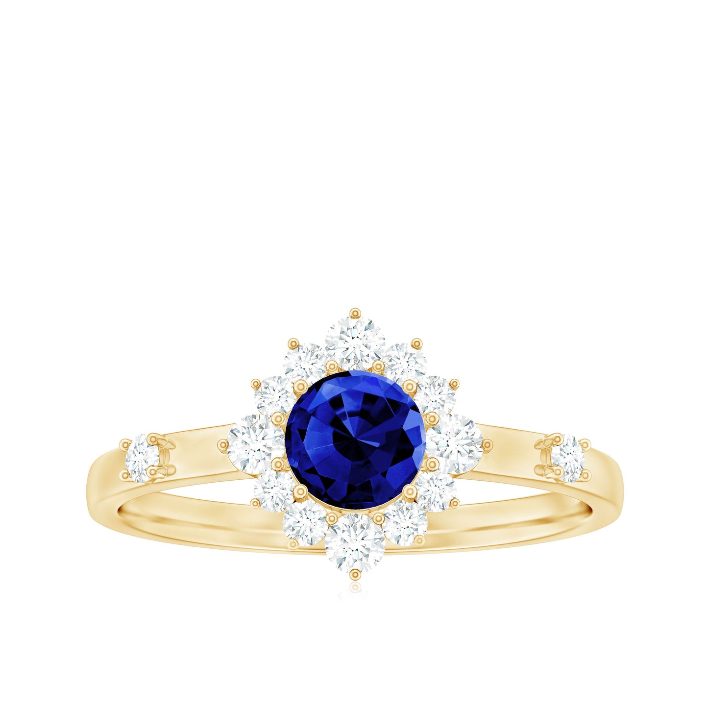 0.6 Carat Round Lab Created Blue Sapphire Classic Halo Ring with Diamond