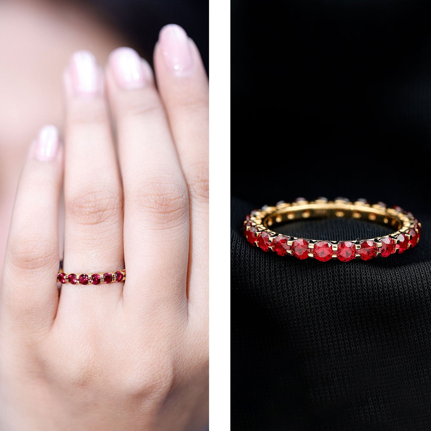 Shared Prong Set Round Created Ruby Full Eternity Band Ring