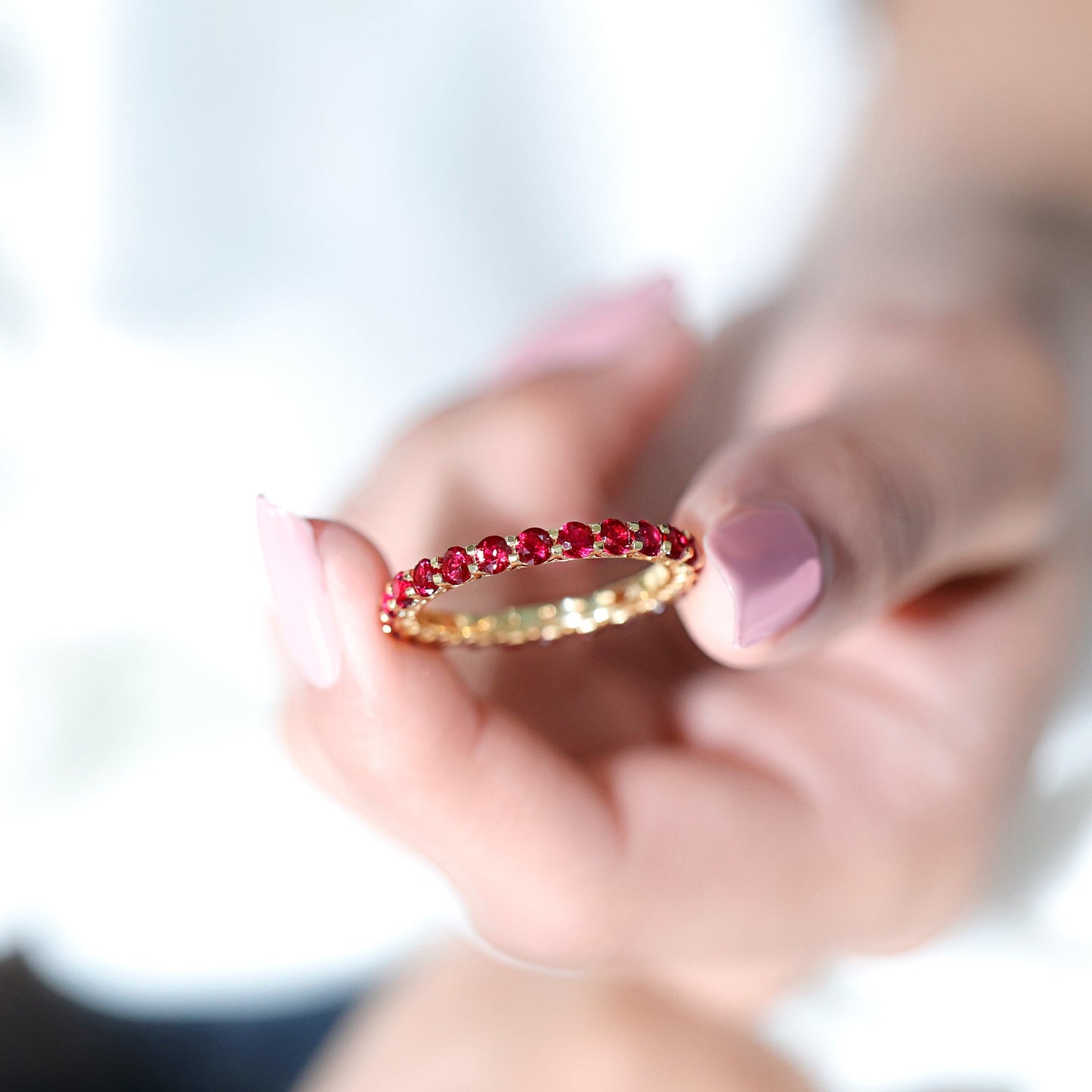 Shared Prong Set Round Created Ruby Full Eternity Band Ring