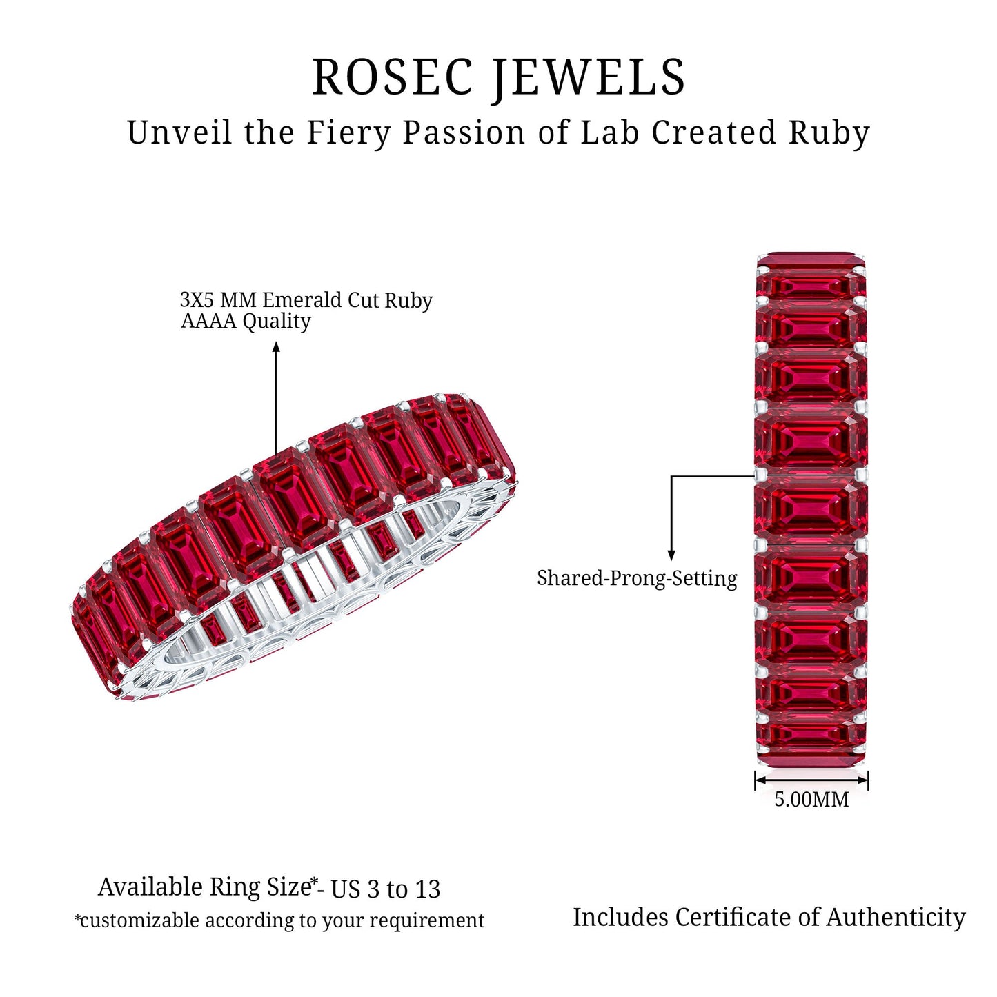 Emerald Cut Lab Grown Ruby Full Eternity Wide Band Ring