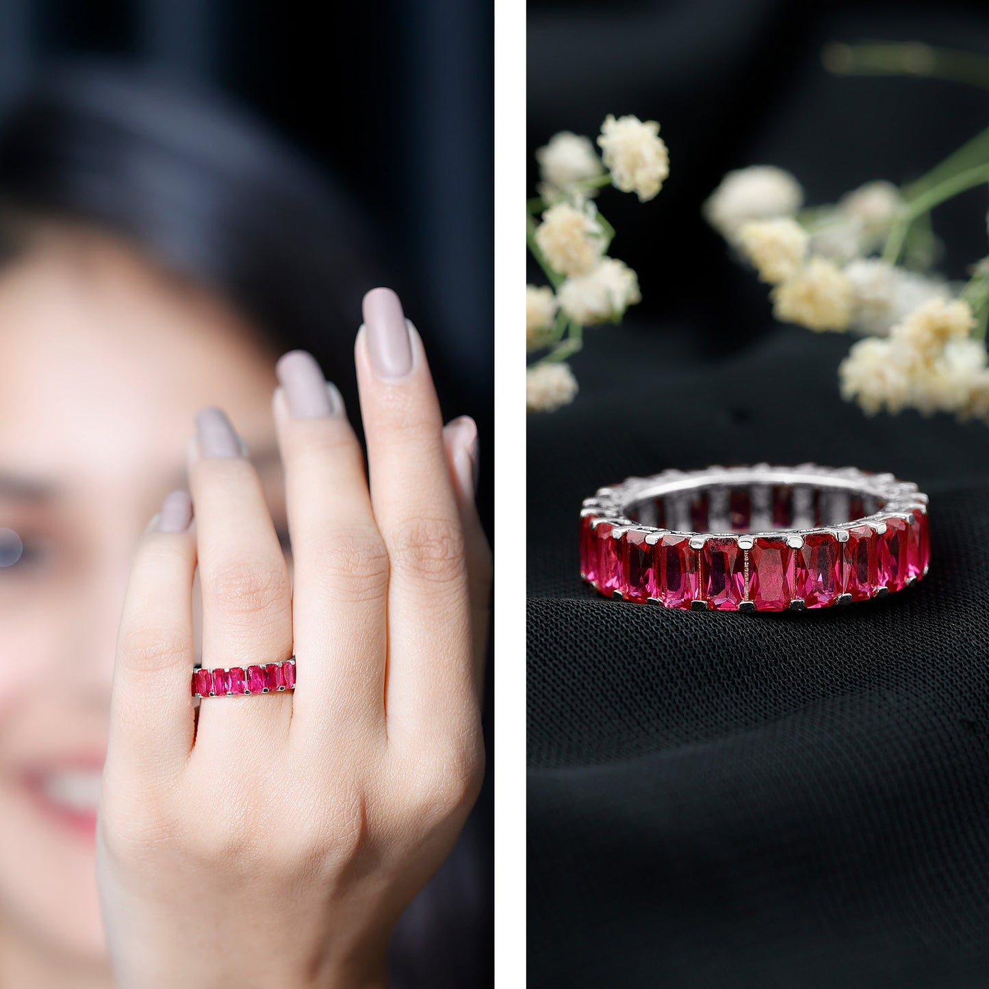 Emerald Cut Lab Grown Ruby Full Eternity Wide Band Ring