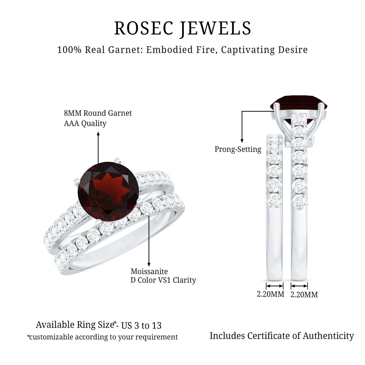 2.3 Carat Certified Real Garnet Wedding Bridal Ring Set