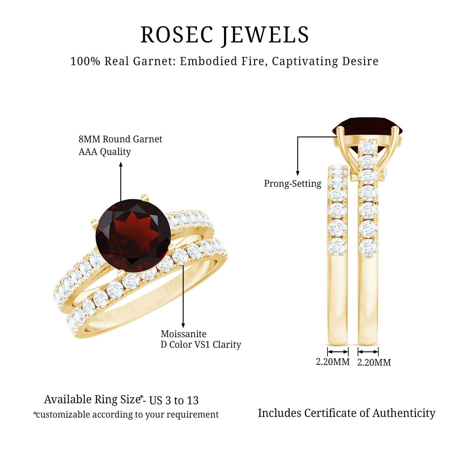2.3 Carat Certified Real Garnet Wedding Bridal Ring Set