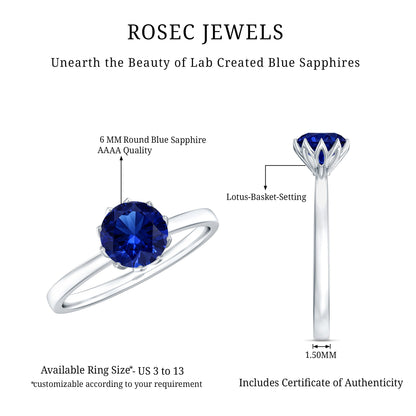 Certified 1 Carat Lab Grown Blue Sapphire Solitaire Engagement Ring