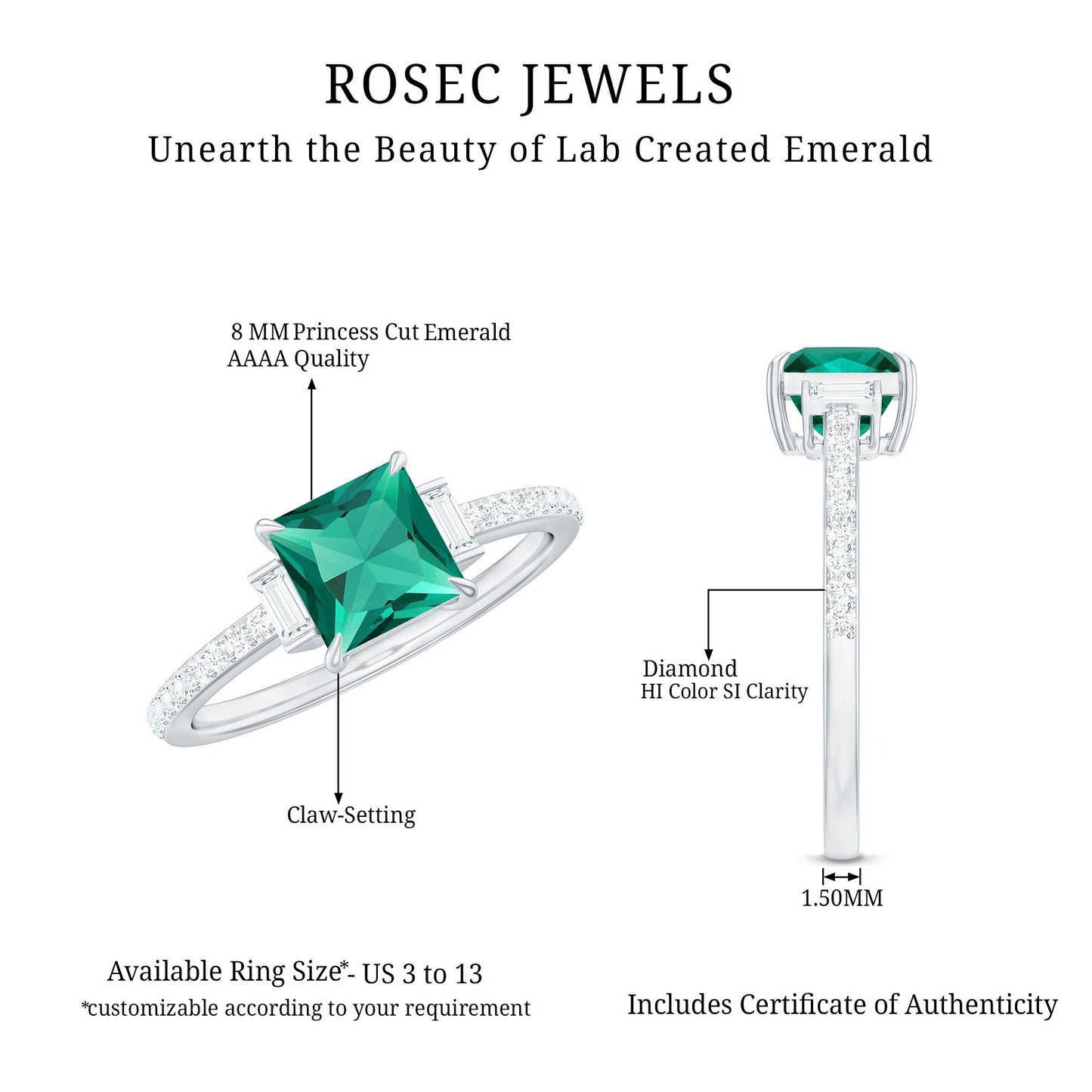 Lab Grown Emerald Diamond 3 Stone Engagement Ring with Certificate