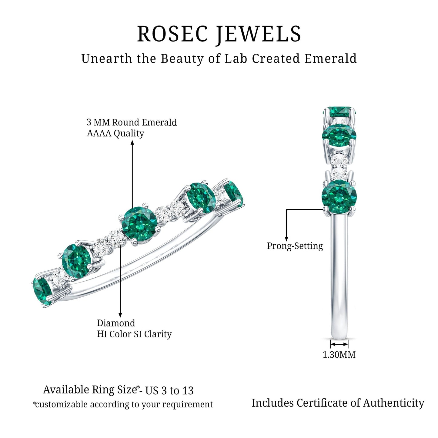 Certified Lab Grown Emerald Half Eternity Anniversary Ring with Diamond