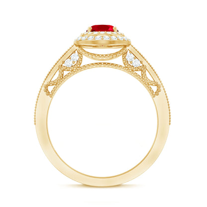Oval Created Ruby Double Halo Engagement Ring with Diamond