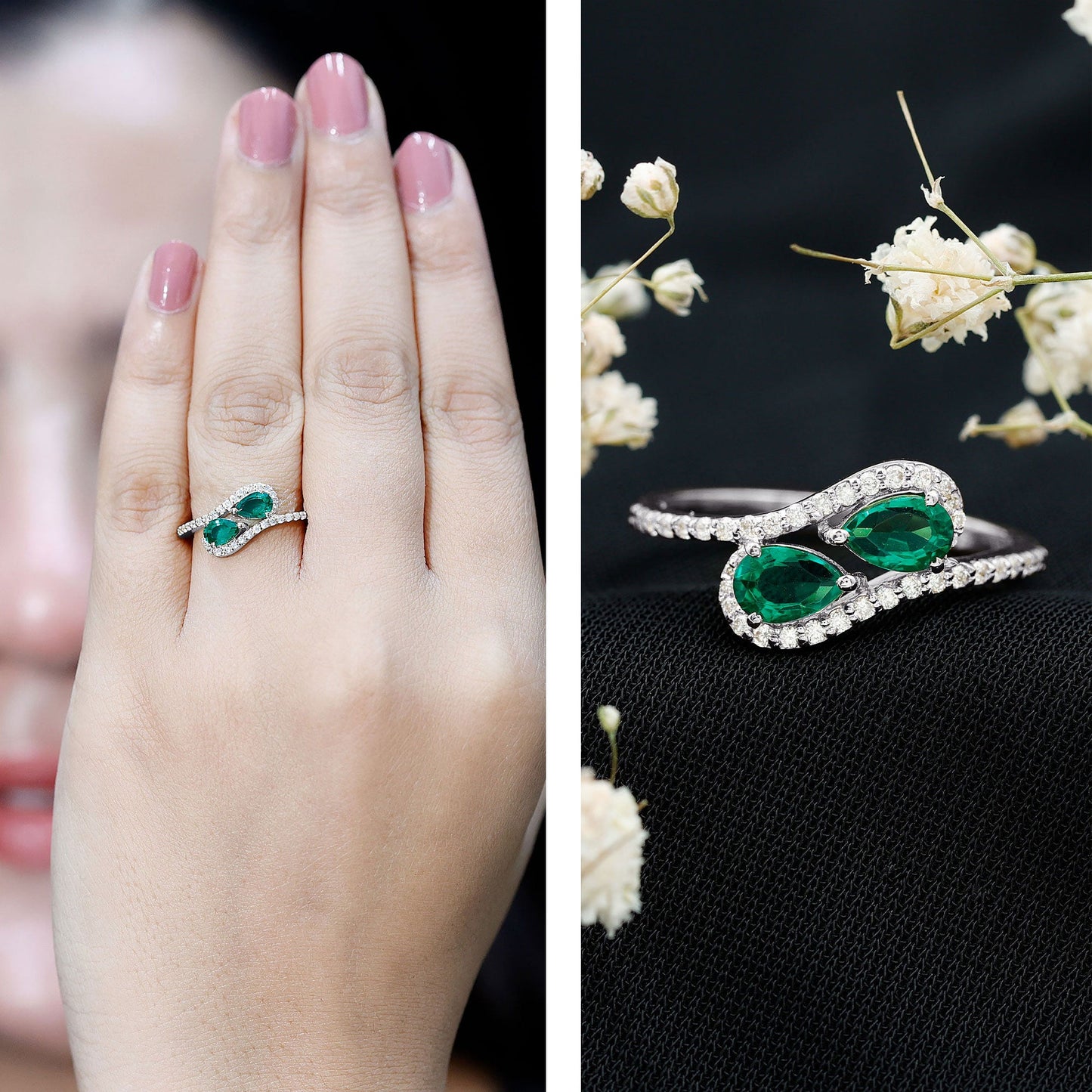 Pear Shape Created Emerald and Diamond Bypass Engagement Ring