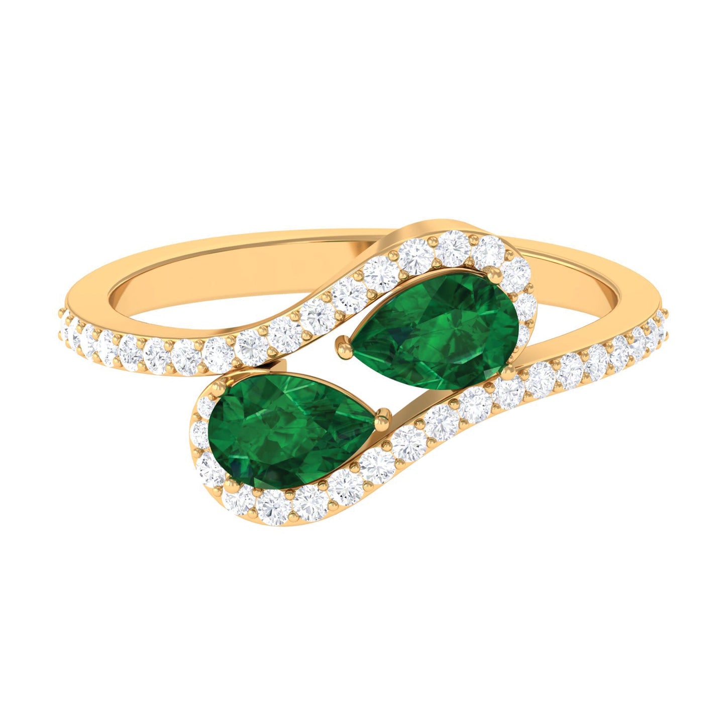 Pear Shape Created Emerald and Diamond Bypass Engagement Ring