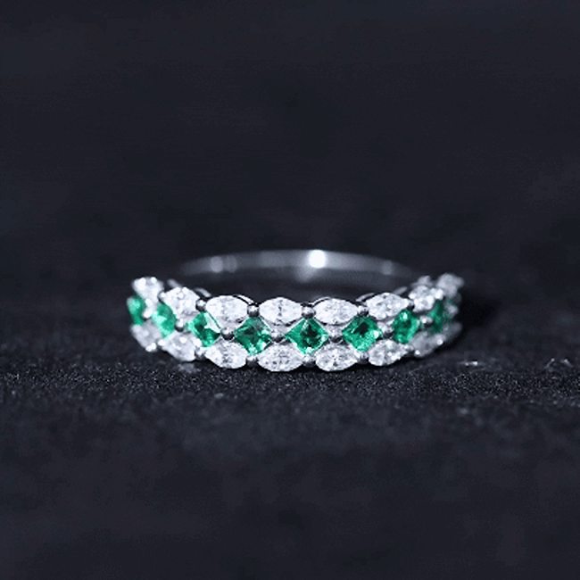 Certified Lab Grown Emerald Half Eternity Wedding Band