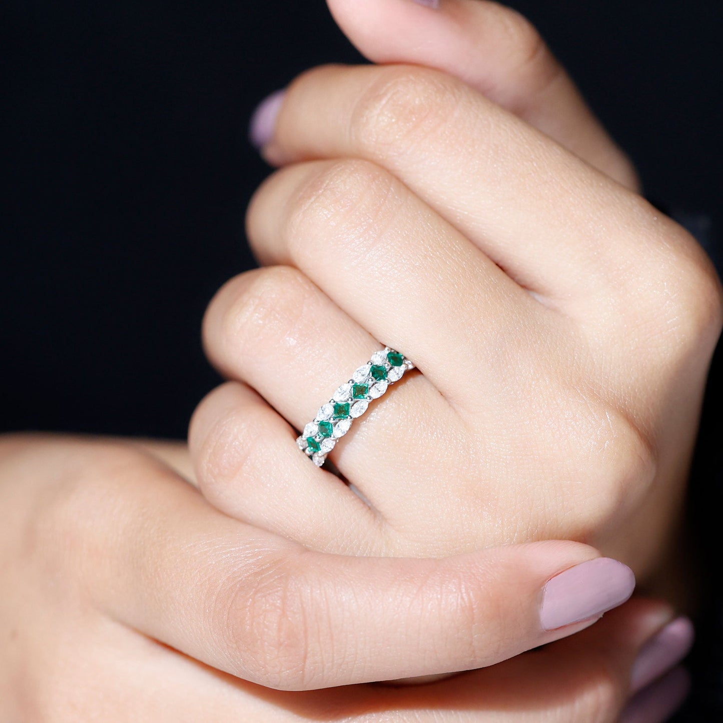 Certified Lab Grown Emerald Half Eternity Wedding Band