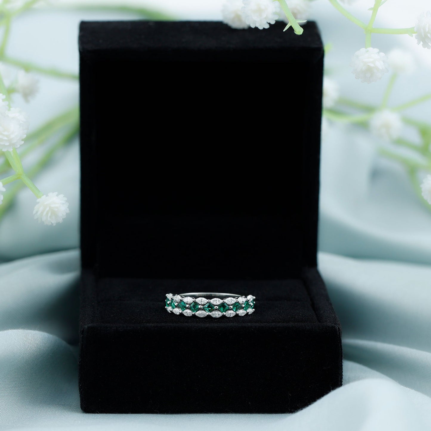 Certified Lab Grown Emerald Half Eternity Wedding Band