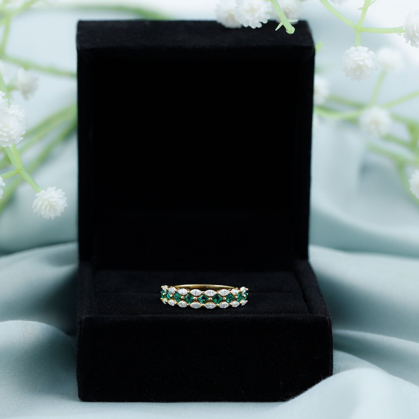 Certified Lab Grown Emerald Half Eternity Wedding Band