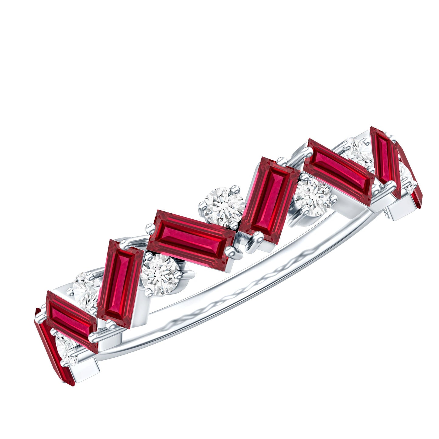 Baguette Shape Lab Grown Ruby Half Eternity Band with Diamond