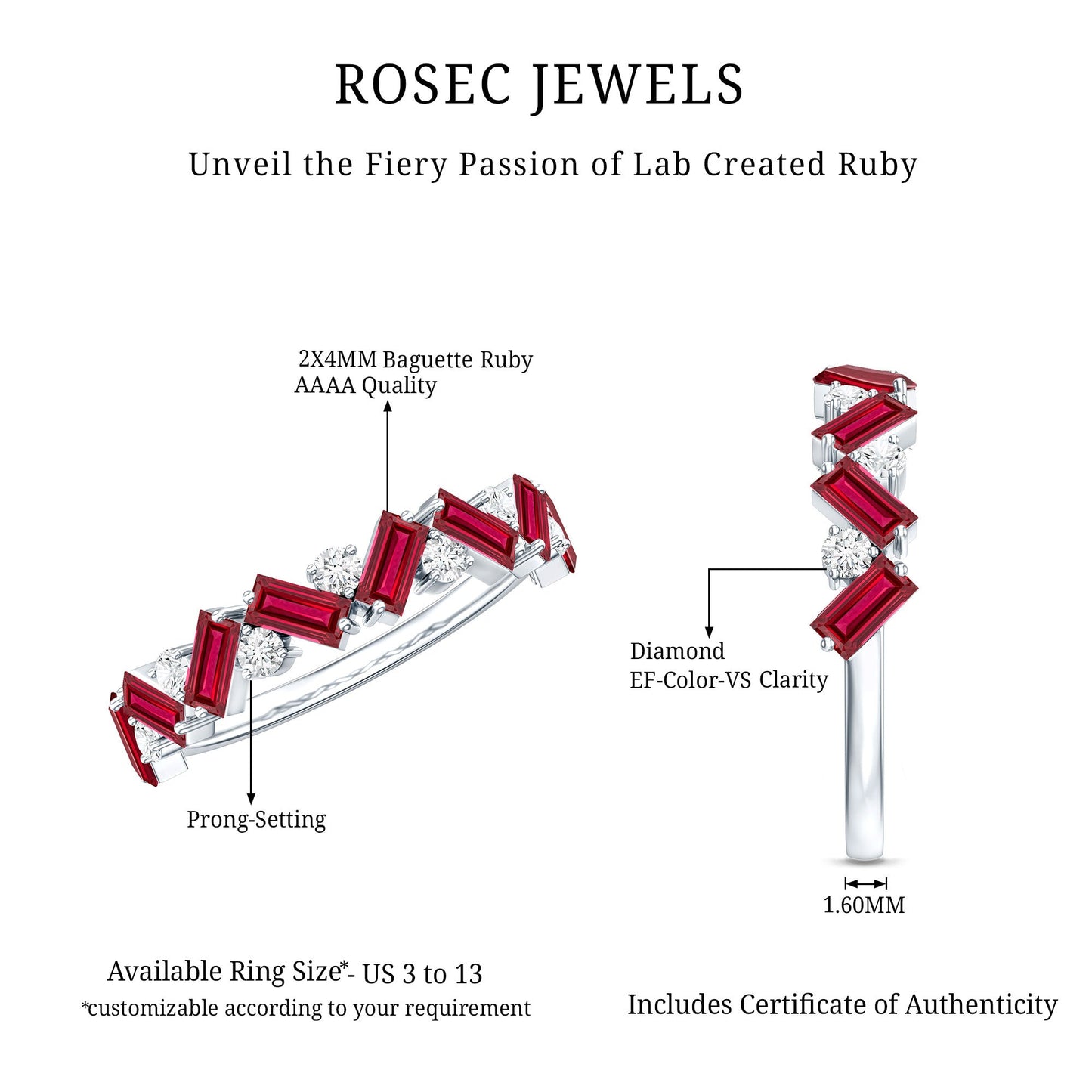 Baguette Shape Lab Grown Ruby Half Eternity Band with Diamond