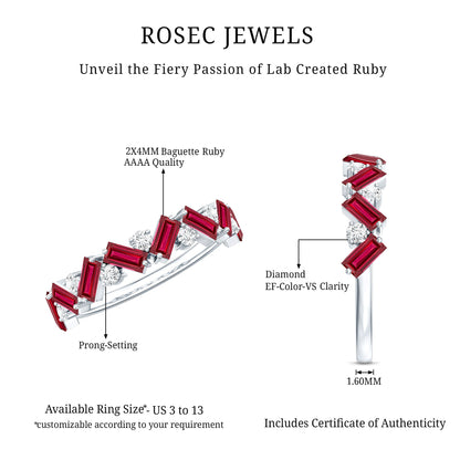 Baguette Shape Lab Grown Ruby Half Eternity Band with Diamond