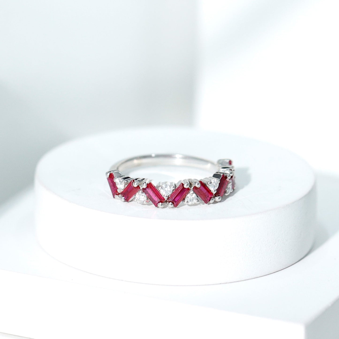 Baguette Shape Lab Grown Ruby Half Eternity Band with Diamond