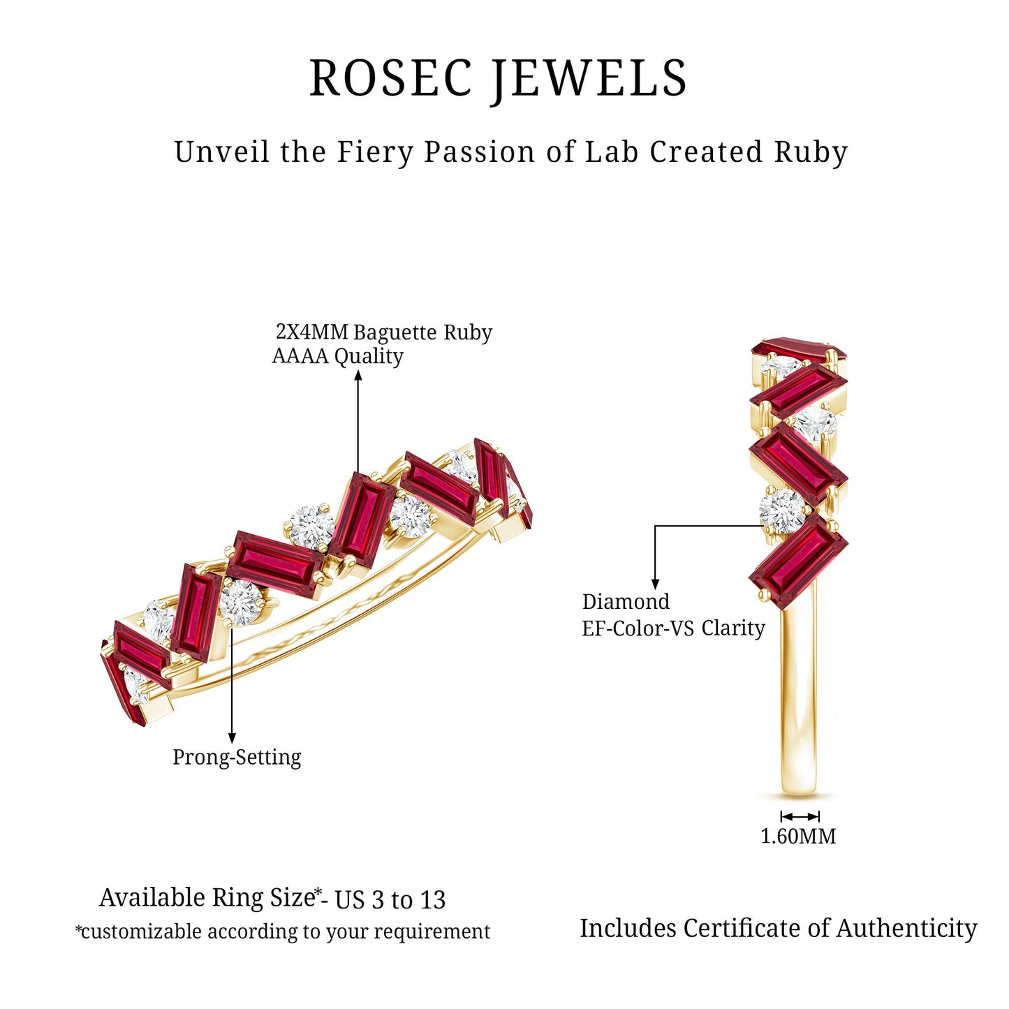 Baguette Shape Lab Grown Ruby Half Eternity Band with Diamond