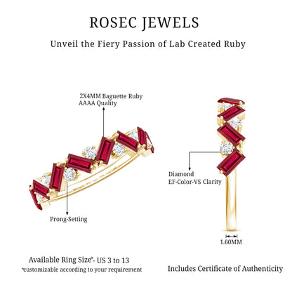 Baguette Shape Lab Grown Ruby Half Eternity Band with Diamond