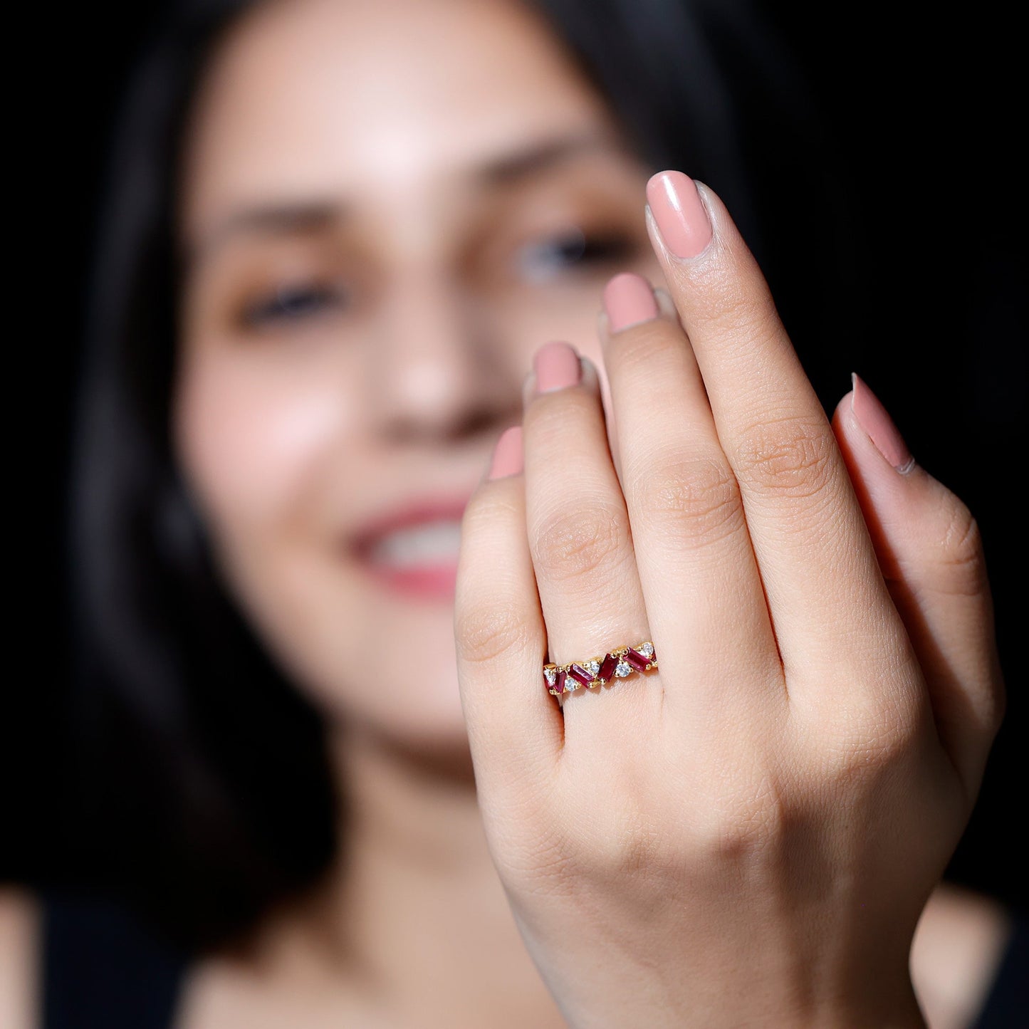 Baguette Shape Lab Grown Ruby Half Eternity Band with Diamond