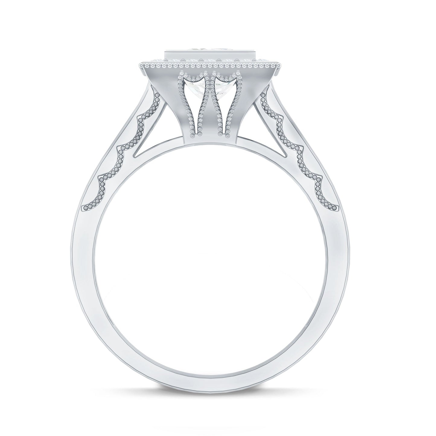 Princess Cut Moissanite Halo Engagement Ring with Milgrain Detail