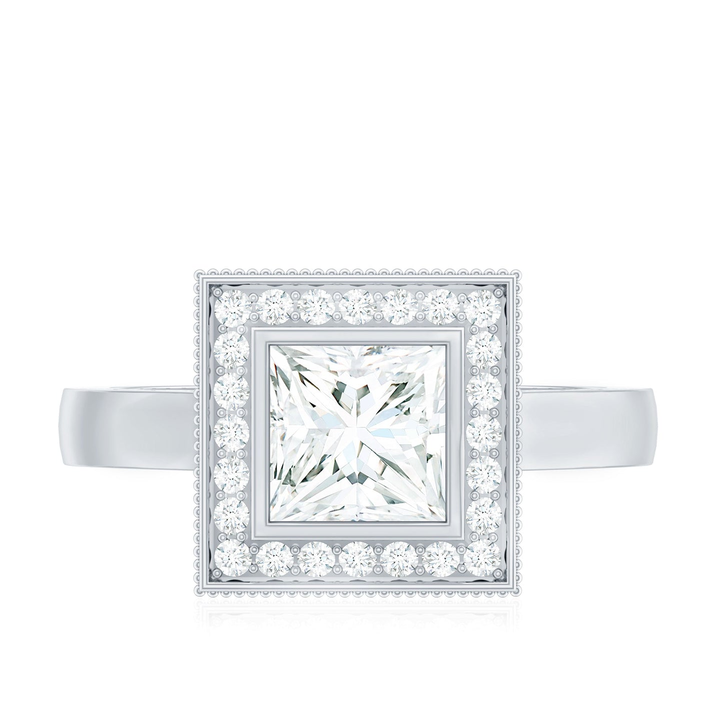 Princess Cut Moissanite Halo Engagement Ring with Milgrain Detail