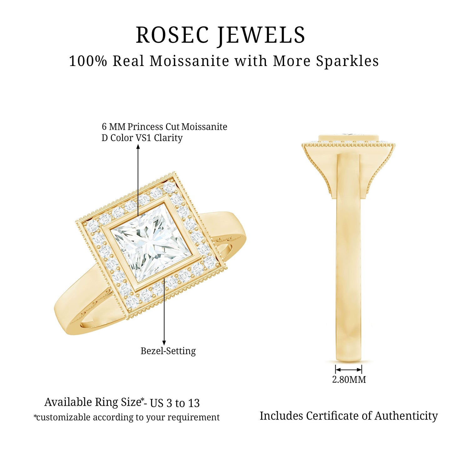 Princess Cut Moissanite Halo Engagement Ring with Milgrain Detail