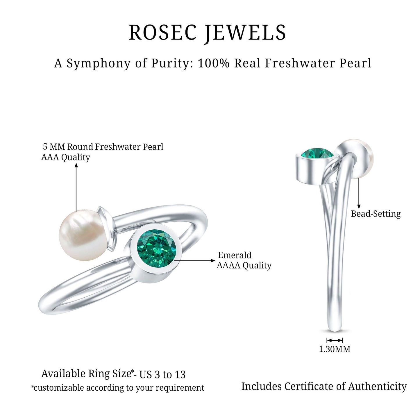 Natural Freshwater Pearl Toi Et Moi Promise Ring with Lab Emerald