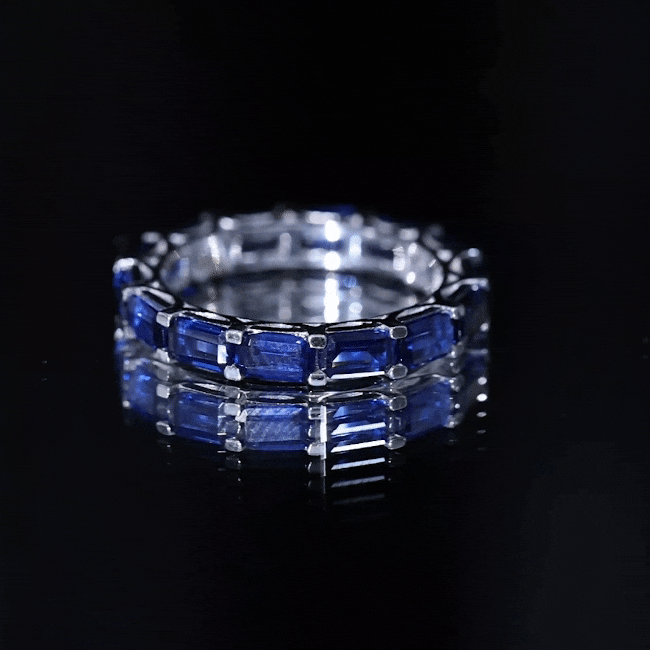 Certified Emerald Cut Lab Grown Blue Sapphire Eternity Band Ring in East West Style