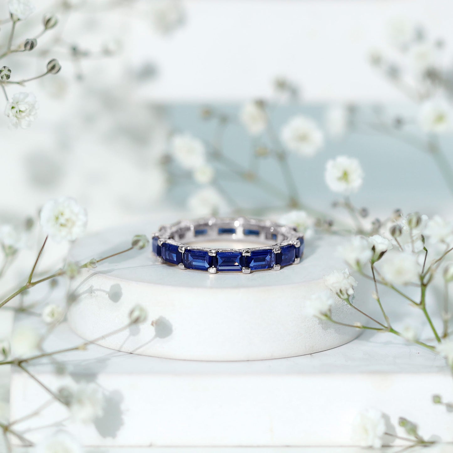 Certified Emerald Cut Lab Grown Blue Sapphire Eternity Band Ring in East West Style