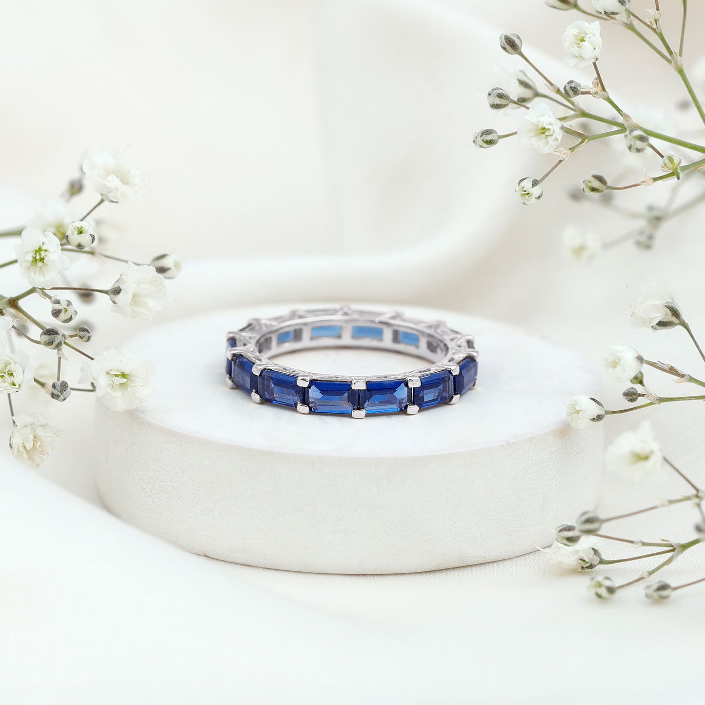 Certified Emerald Cut Lab Grown Blue Sapphire Eternity Band Ring in East West Style