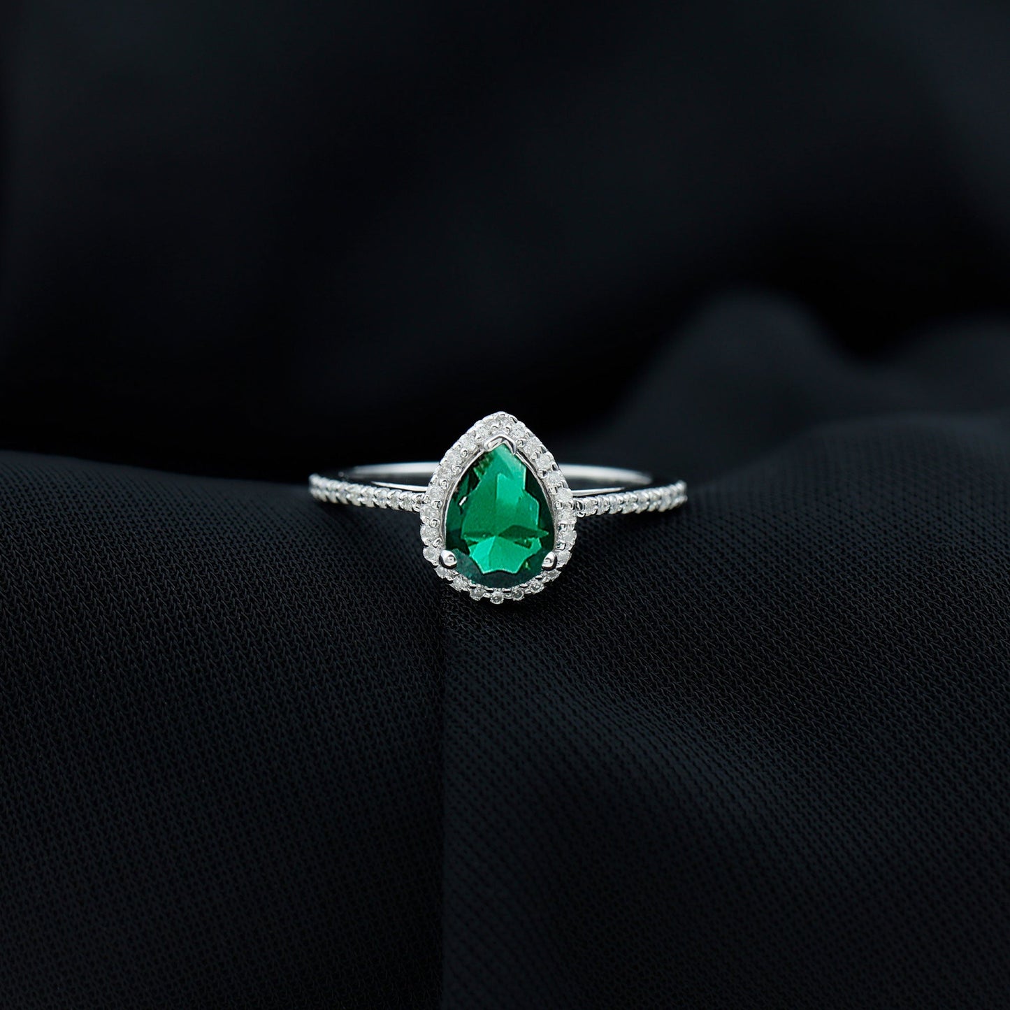 Certified Lab Grown Emerald Teardrop Engagement Ring with Diamond Halo