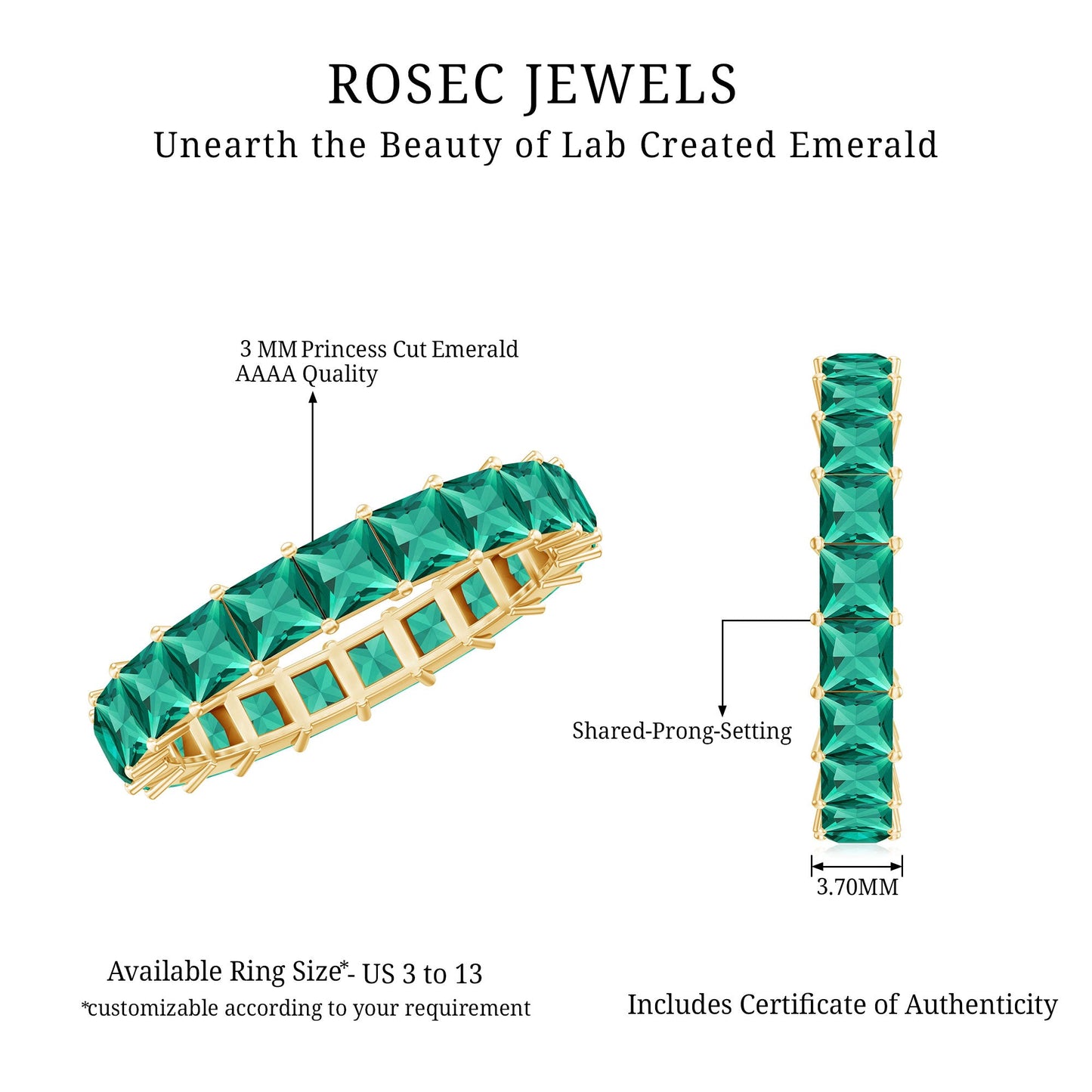 Certified Princess Cut Lab Grown Emerald Wedding Band