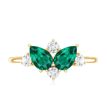 Designer Pear Shape Lab Grown Emerald Toi Et Moi Engagement Ring with Diamond