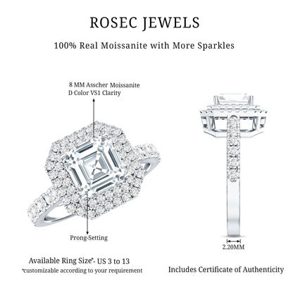 Certified Asscher Cut Moissanite Double Halo Engagement Ring