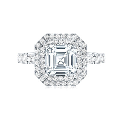 Certified Asscher Cut Moissanite Double Halo Engagement Ring