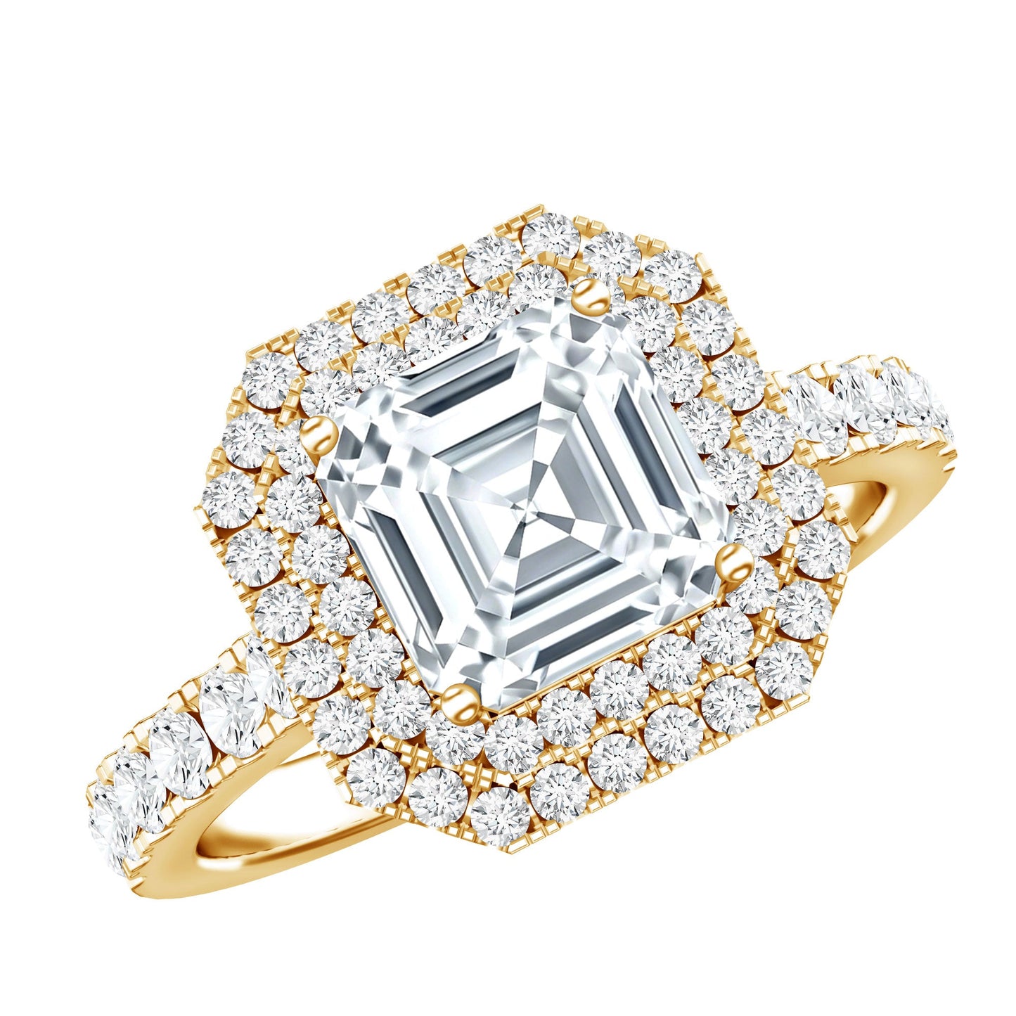 Certified Asscher Cut Moissanite Double Halo Engagement Ring