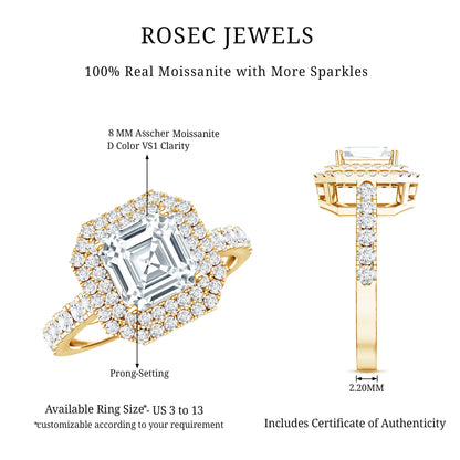 Certified Asscher Cut Moissanite Double Halo Engagement Ring