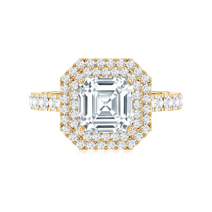 Certified Asscher Cut Moissanite Double Halo Engagement Ring