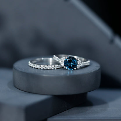 2 Carat London Blue Topaz Ring Set with Wedding Band