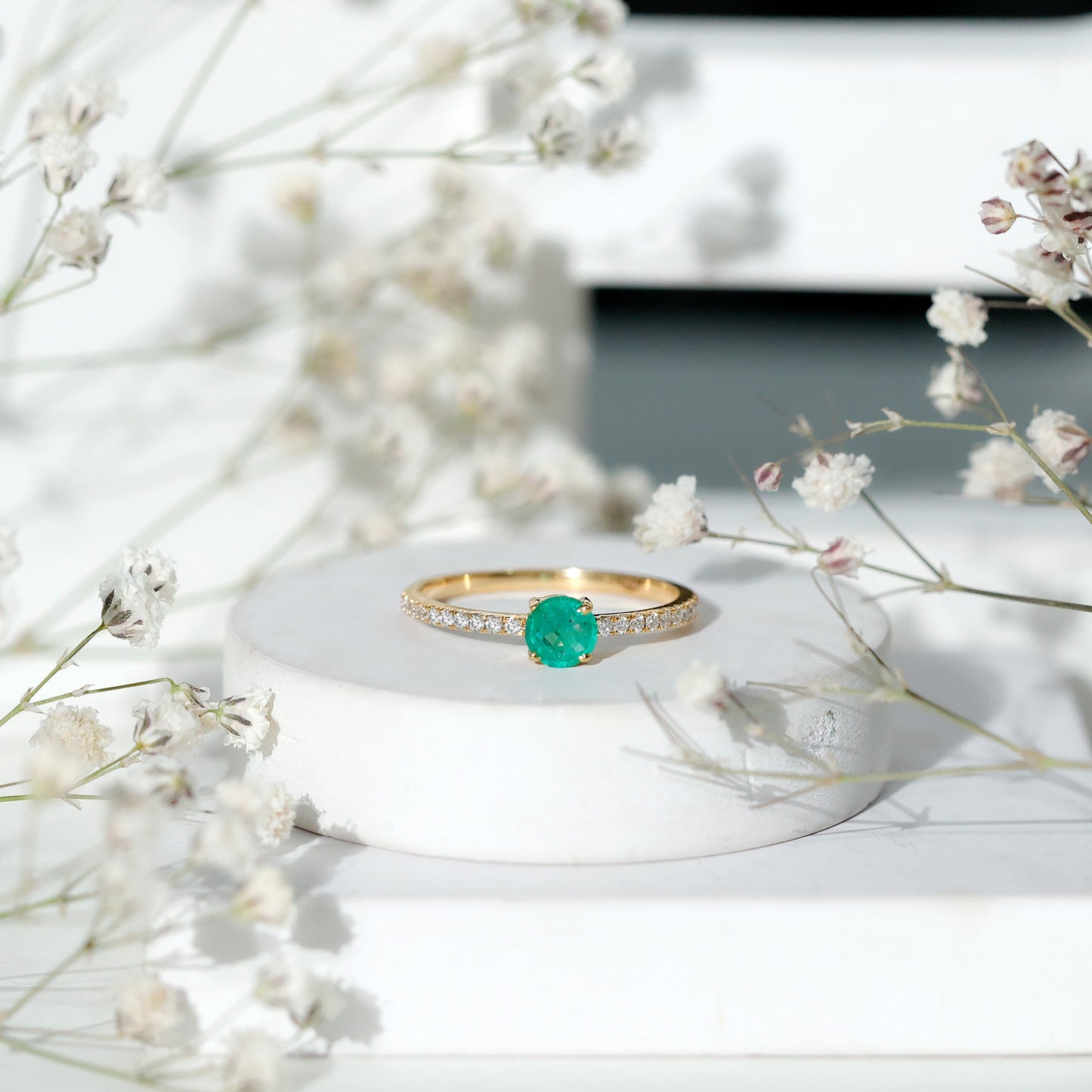 Natural Emerald Promise Ring with Diamond Side Stones