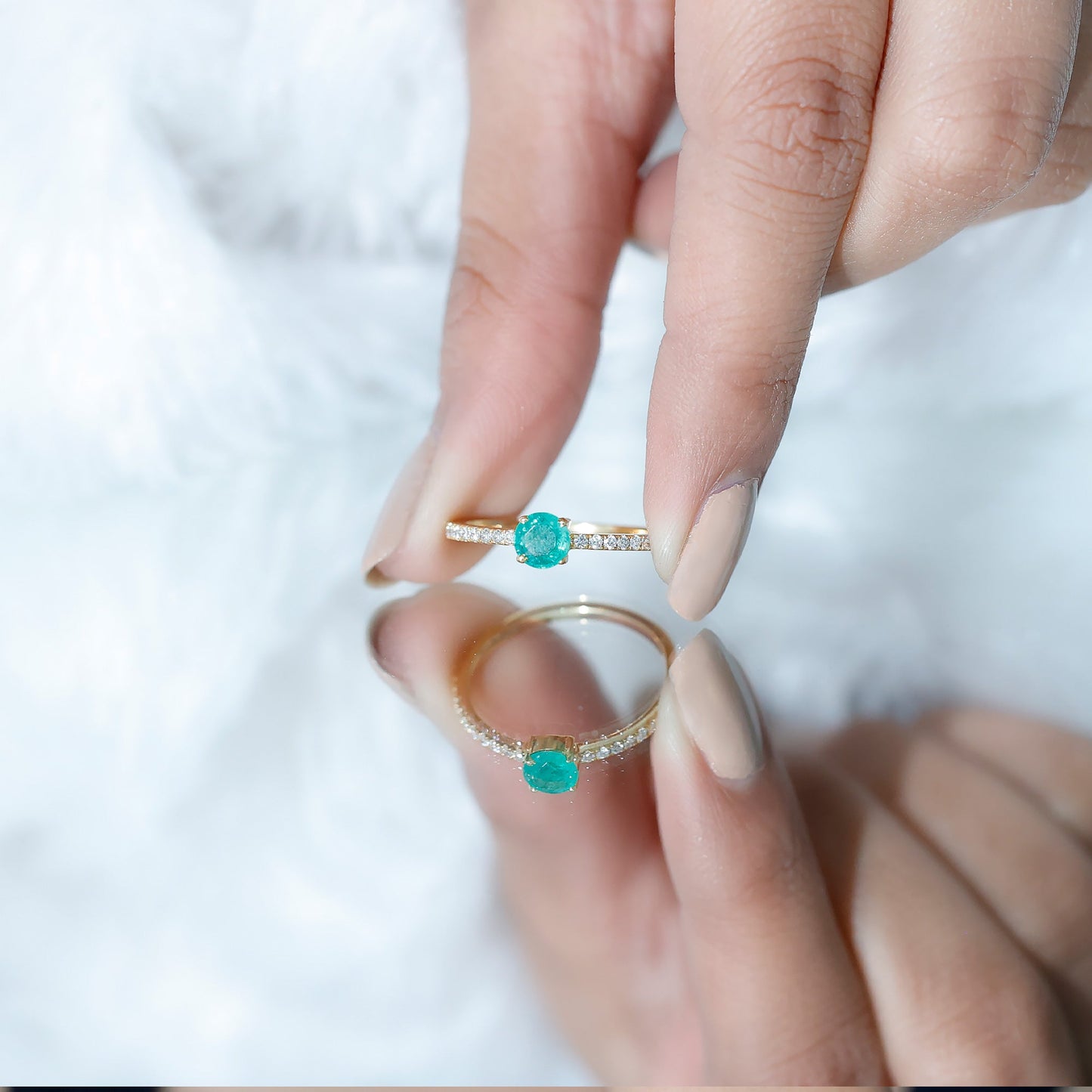 Natural Emerald Promise Ring with Diamond Side Stones