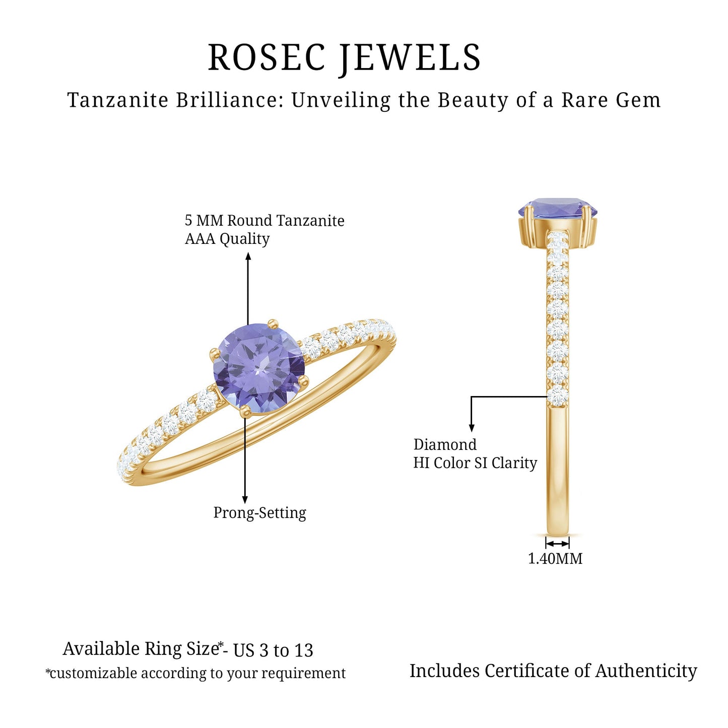 Certified Real Solitaire Tanzanite Promise Ring with Diamond