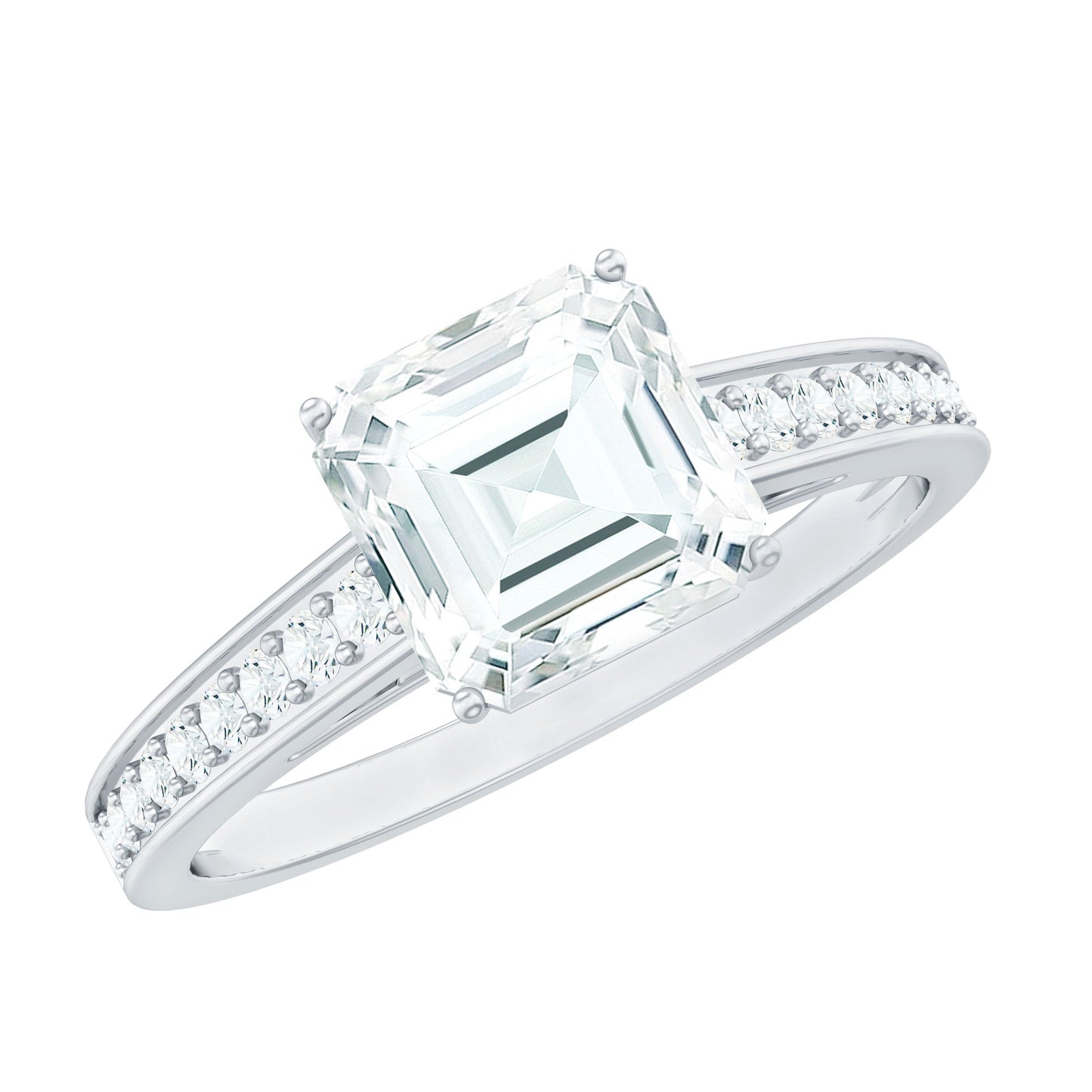 Asscher Cut 3 Carat Moissanite Solitaire Engagement Ring with Side Stones